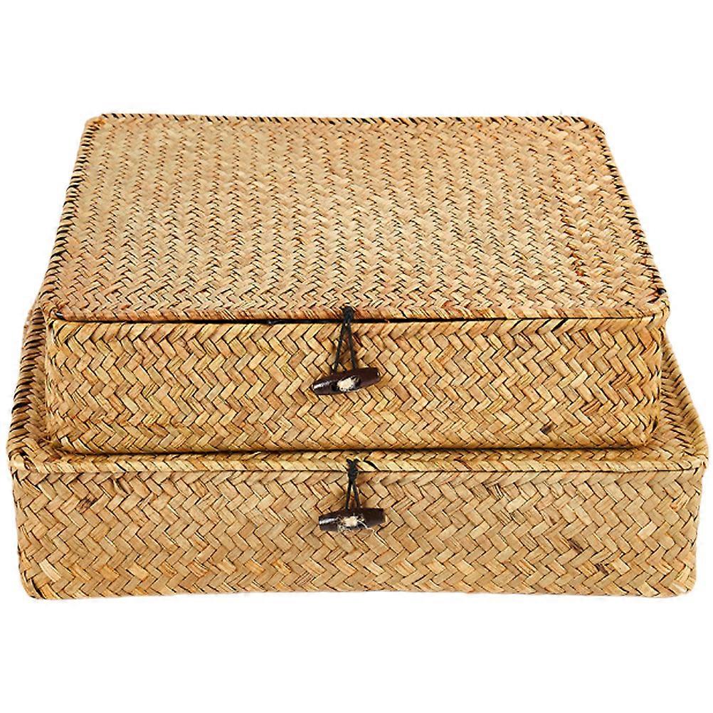 2pcs Woven Seagrass Storage Baskets with Lids – Flat Desktop Organizers for Snacks, Small Items & Sundries – Vintage Style Natural Rustic Design for
