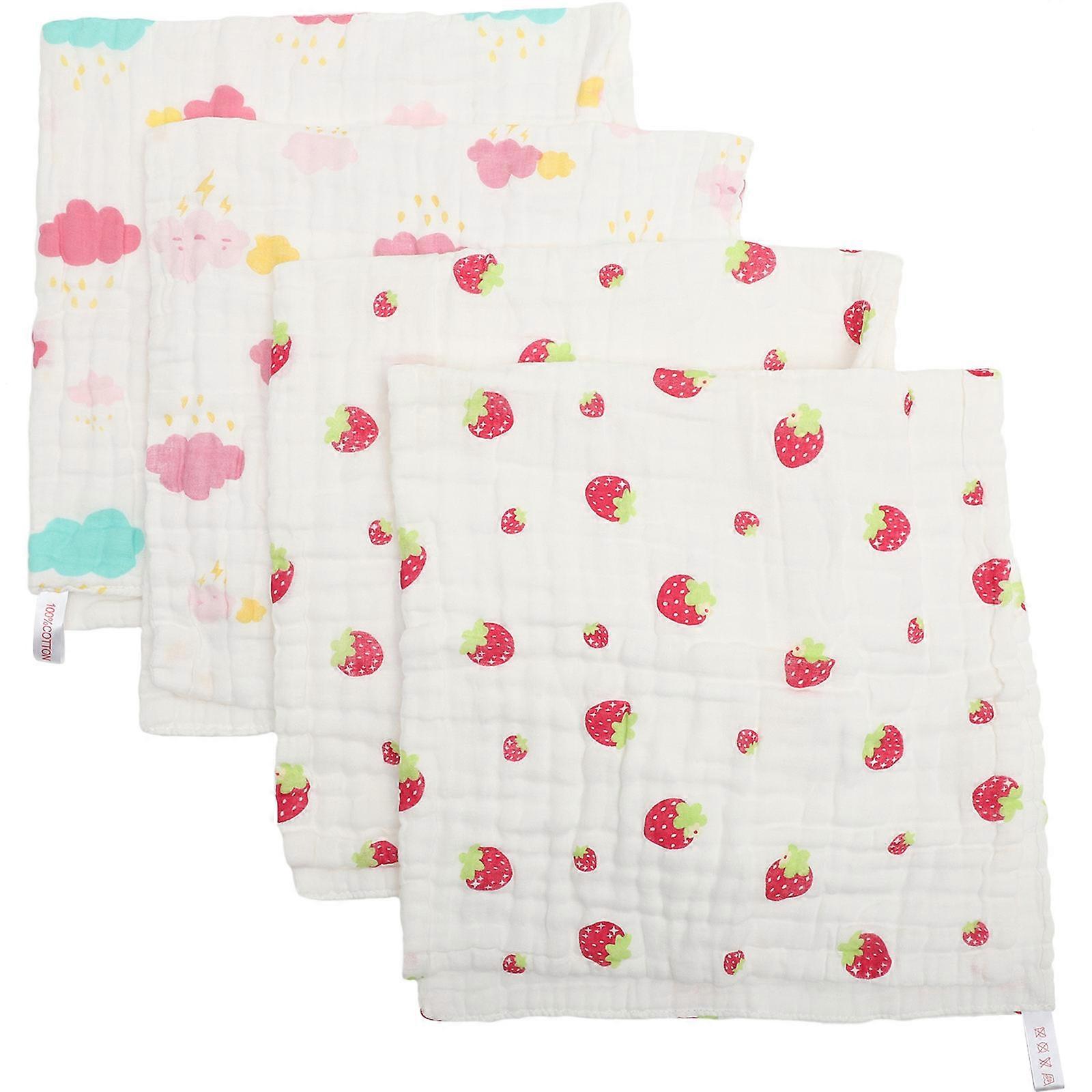 4pcs Cartoon Absorbent Hand Towels, Lightweight Soft Gauze Face Washcloths for Travel Home Use – Cute Cloud Strawberry Design, Multi Functional