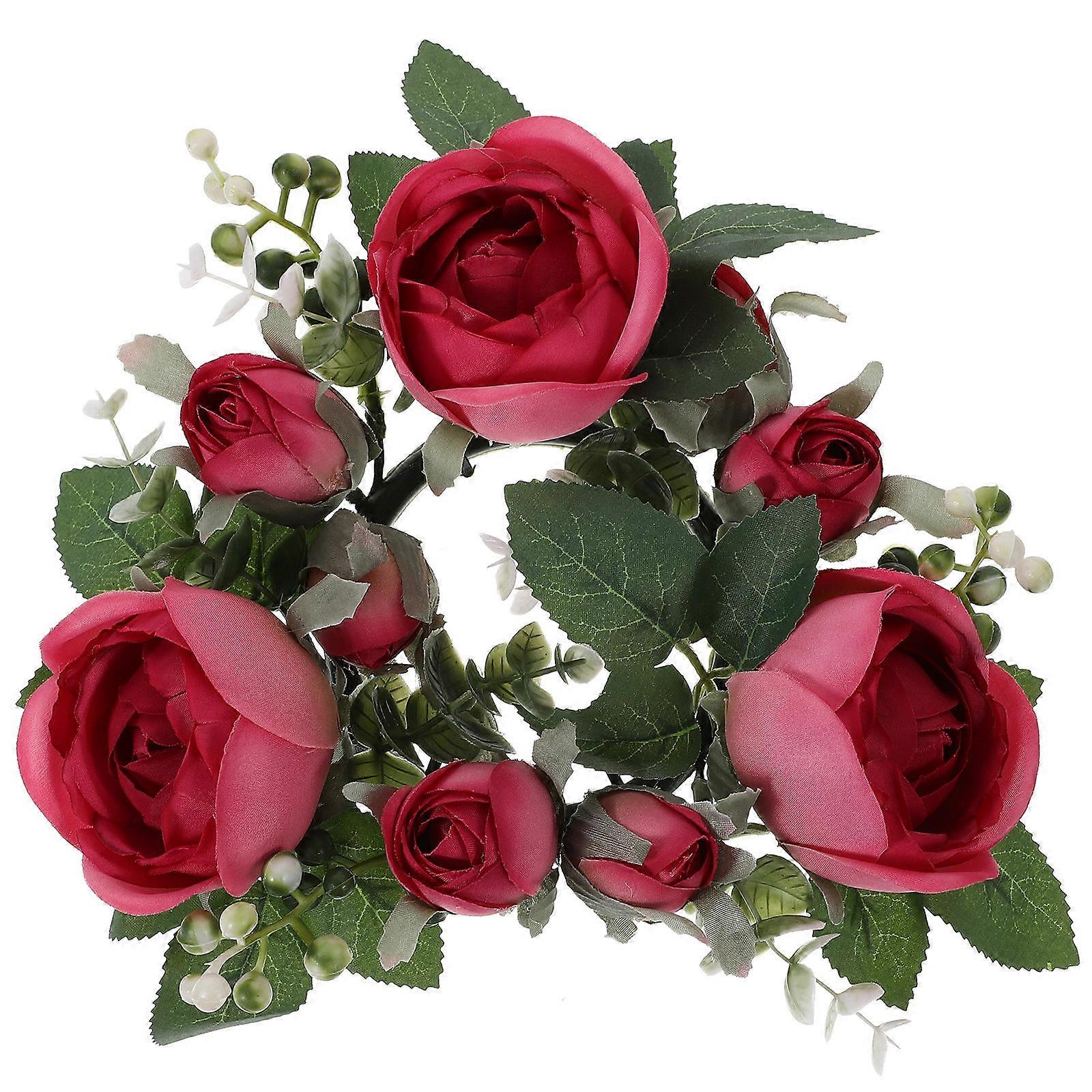 Valentine's Day Rose Wreath Artificial Flower Candle Ring for Wedding Table Decor Assorted Color Circular European Style 1Pack