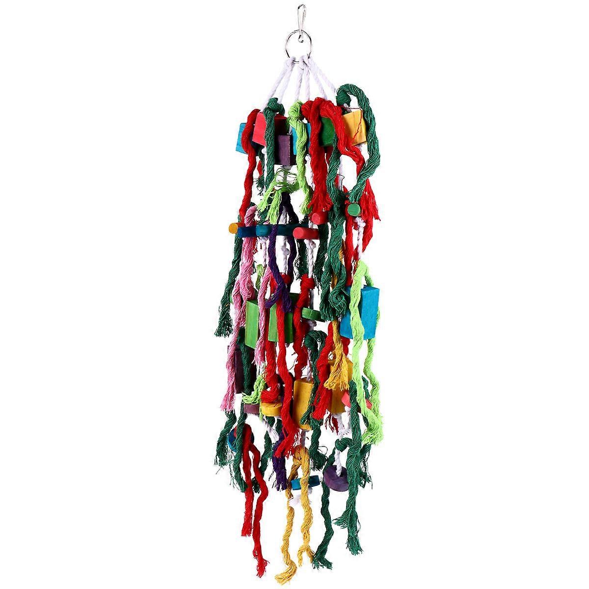 Bird Chewing Toy Parrot Colorful Cotton Rope and Wooden Block String Pet Supplies Multi-colored 42X10CM Chewing 1Set