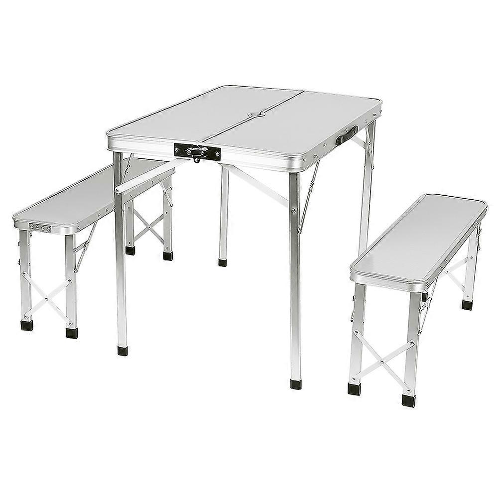 Camping table with 2 portable benches, 3-piece camping table set, 4-person aluminum picnic table, foldable suitcase table with benches