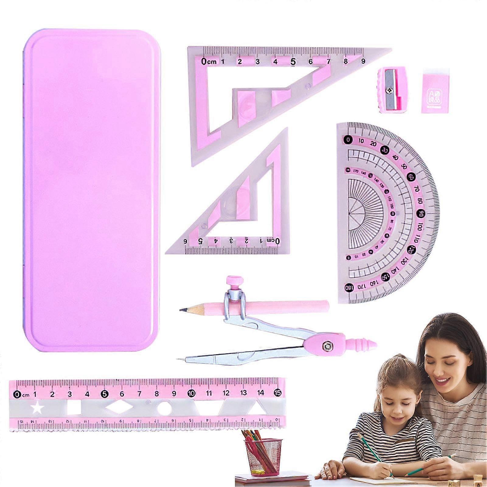 Maths Compass and Protractor Set for Geometry - Pink Compass with Swivel Arm, Ruler, Eraser, and Sharpener Included