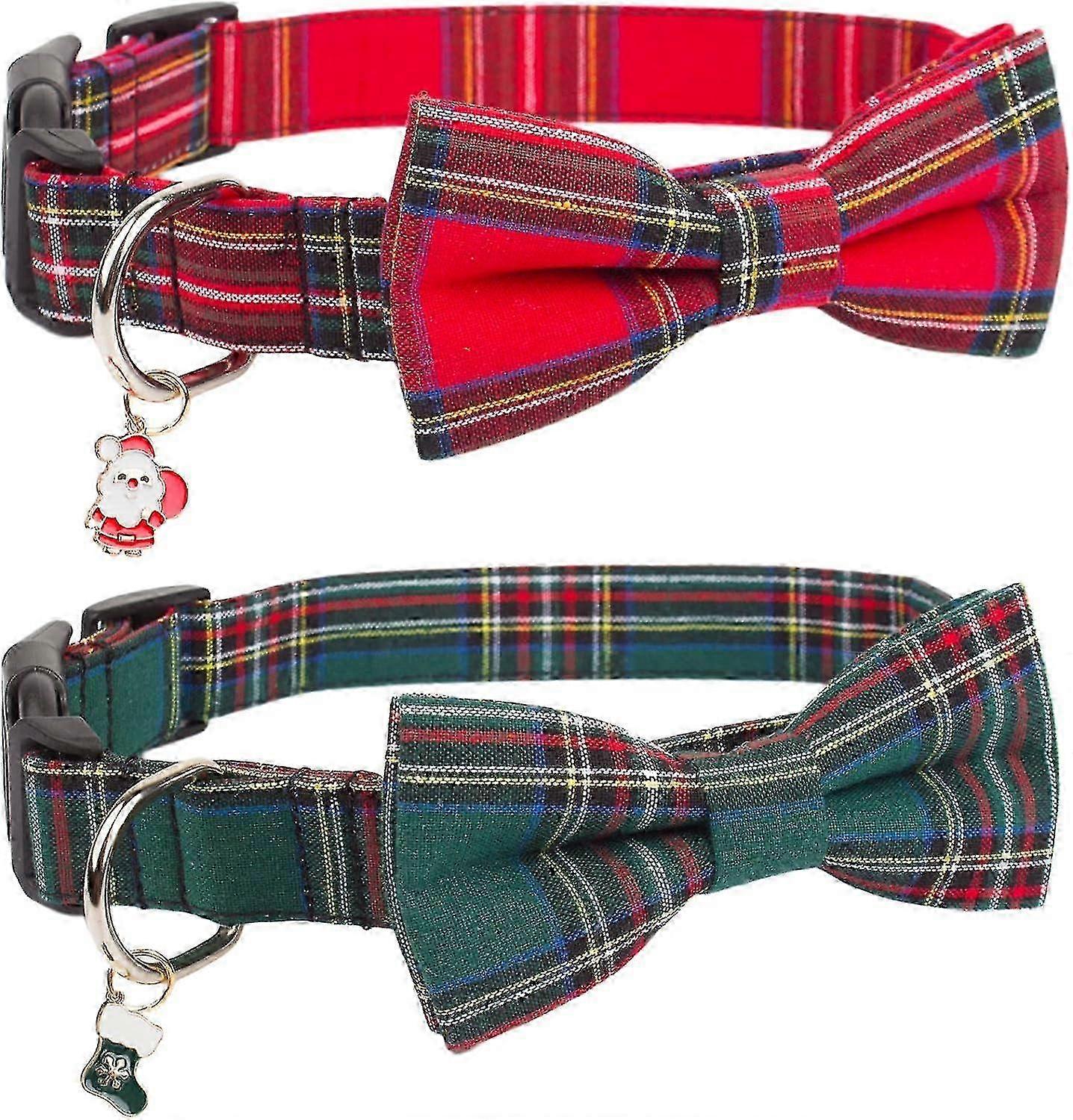 Adjustable Christmas Plaid Dog Collars with Removable Bowtie for Small Medium Large Pets