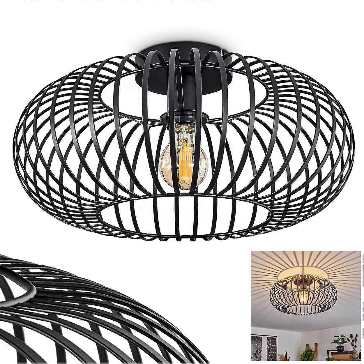 Oravi Ceiling Light, Vintage Black Metal Ceiling Fixture, Round 40 cm, E27 Socket, Max 60W, Retro Grid Design with Great Light Effect