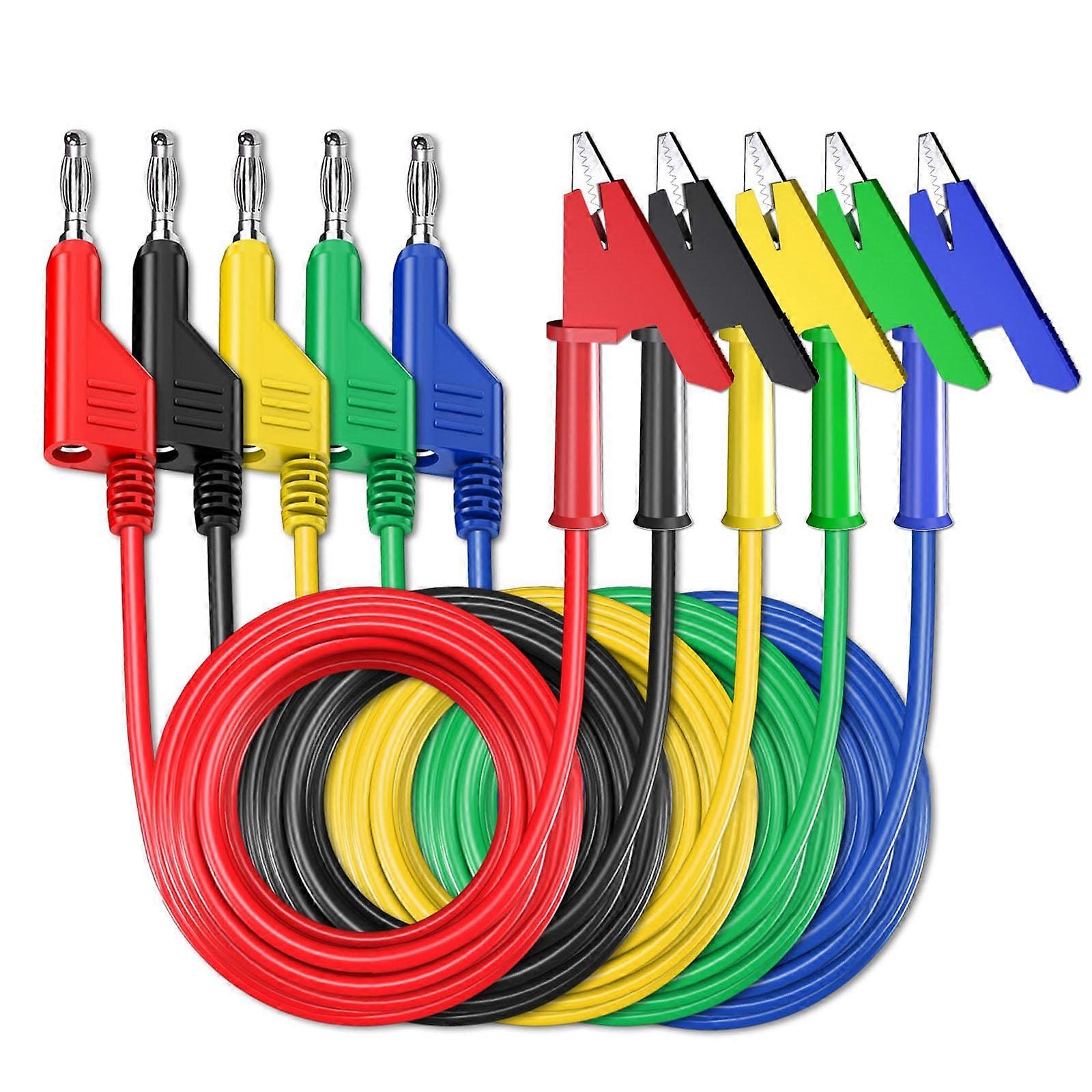 Test Leads 5 Pack 4 Mm Banana Plug To Crocodile Clips Cable 10 Ft (3 M) For Multimeter Testing Five Colors 3M