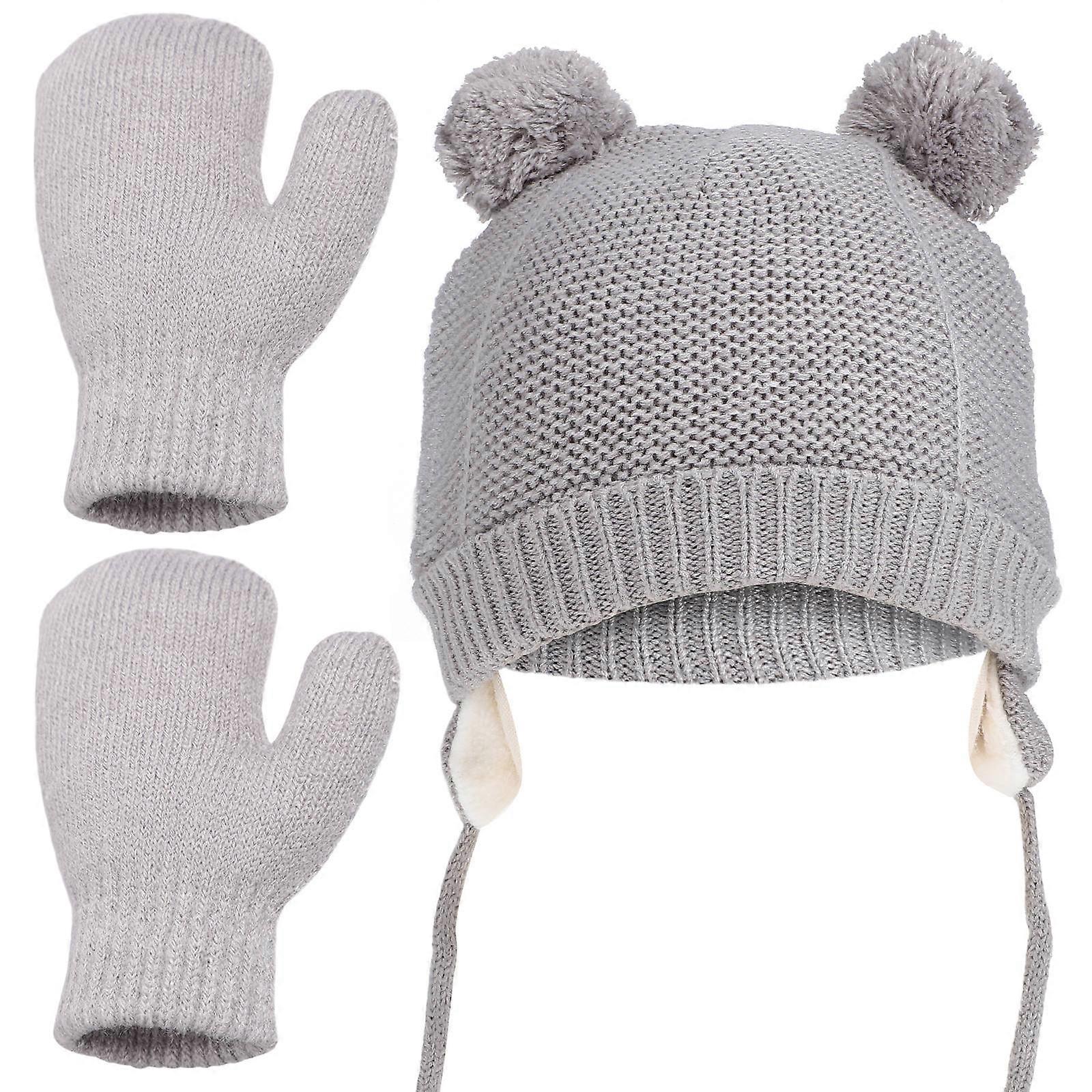 Toddler Warm Hat and Glove Set with Fleece Beanie Adjustable Chin Straps Grey