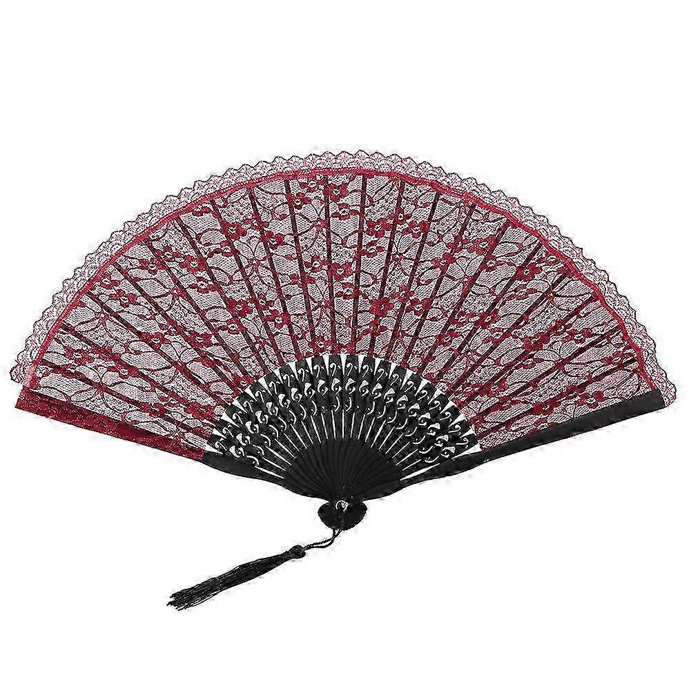 Japanese Vintage Handmade Folding Fan with Lace - Decorative Hand Fan in Wine Red for Home & Event Decor