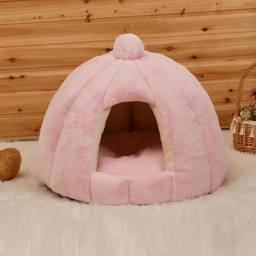 Deep Sleep Round Kennel SemiEnclosed Cat Kennel Rabbit Fur Autumn and Winter Nest Cushion Pet Kennel for Small and Medium Dogs Pink 56X48CM