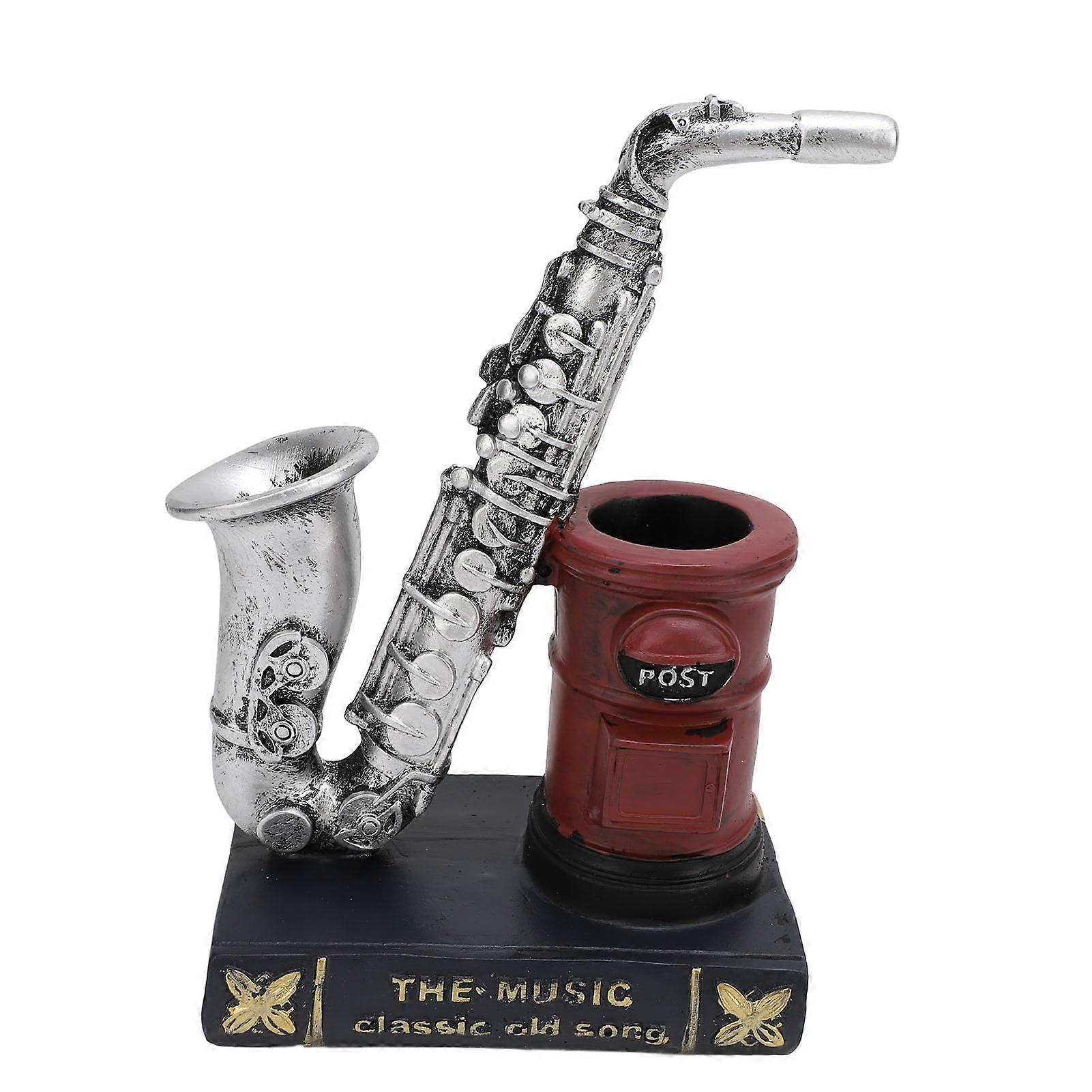 Retro Saxophone Pen Organiser - Red Resin Pencil Cup, Desktop Container for Bookshelf Decoration in Living Room and Study