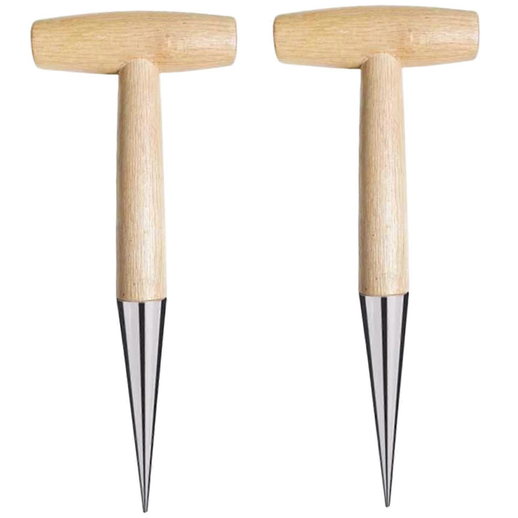 11-Inch T-Shaped Dibber 2-Piece Set with Wooden Handle, Professional Chromed Seed Planter for Seedlings and Gardening