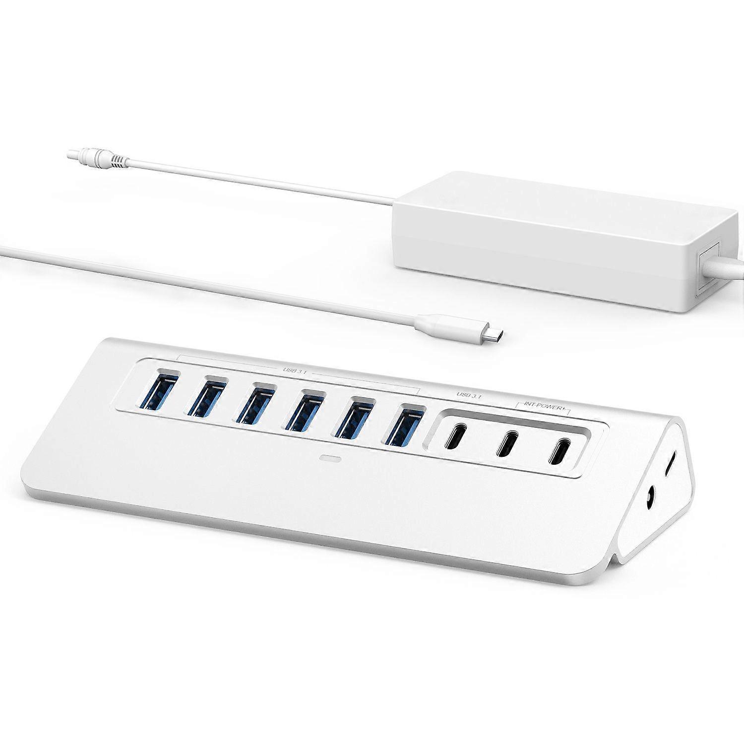 Powered USB Hub 10Gbps, 9-Port USB 3.2 Hub, USB C Hub with USB A/USB C 3.2, 2 PD 45W Charging Ports(Gray)