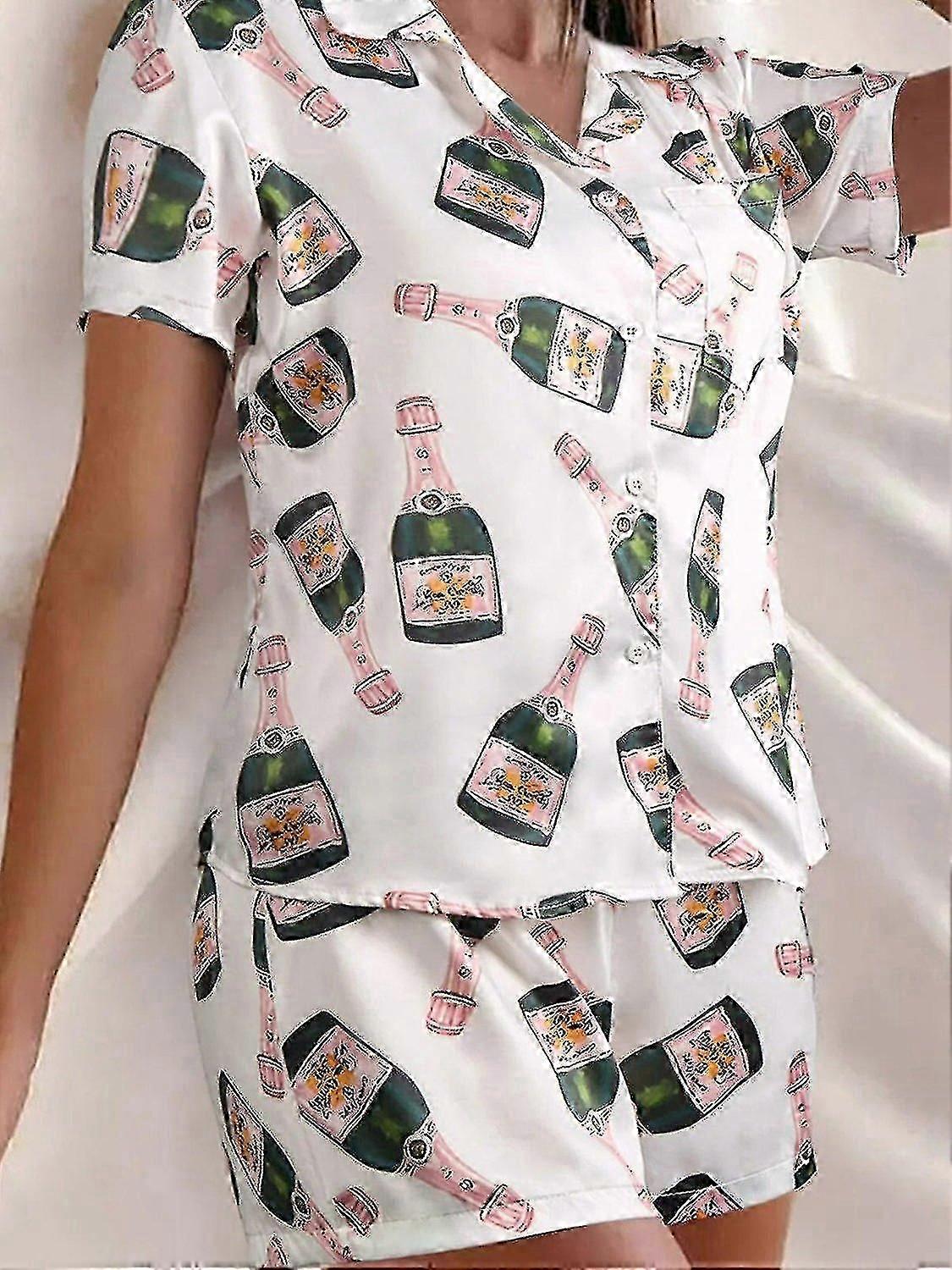 Champagne Bottles Button Pajama Set Women Printed Short Sleeve 2 Pieces Soft Loose Casual Sleepwear