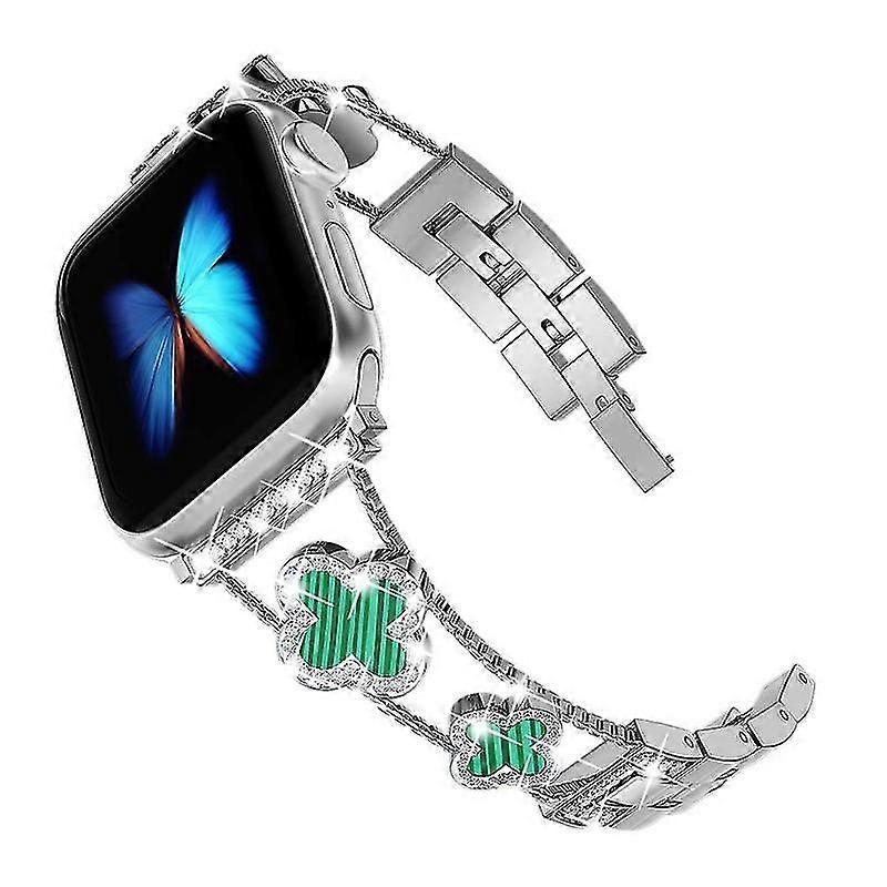 حزام معدني من حجر الراين من حجر الراين من الذهب الوردي الأسود لساعة أبل الحجم ، اللون: 424445 مم ، فضي أخضر