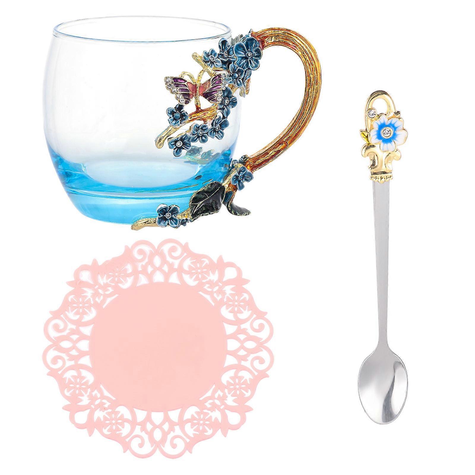 Elegant Handmade Enamel Flower Coffee Mugs Tea Cups Kitchen Countertop Display Round Shape 12x8.5cm 1Set