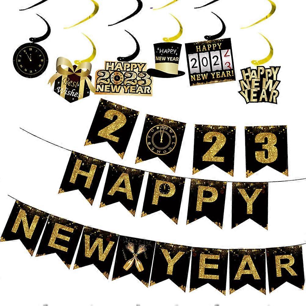 2023 Happy New Year Banner 2Sets Pe Black Banner with Easy Hanging for New Year Party Use
