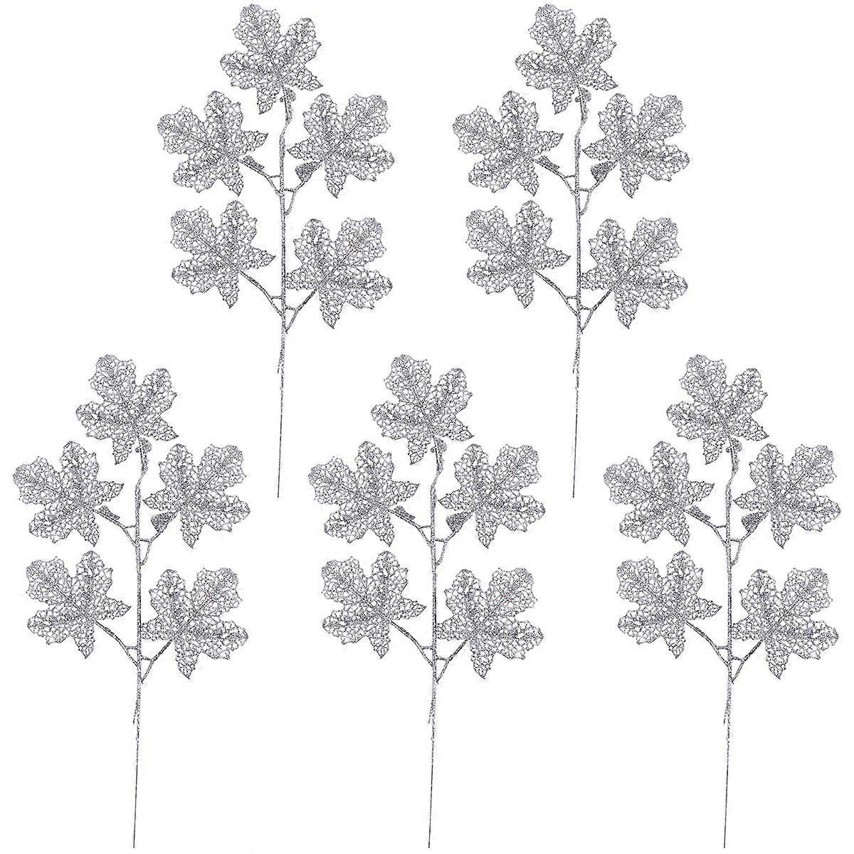Feuilles artificielles (15 pièces) argentées brillantes pour la décoration, avec poudre scintillante.