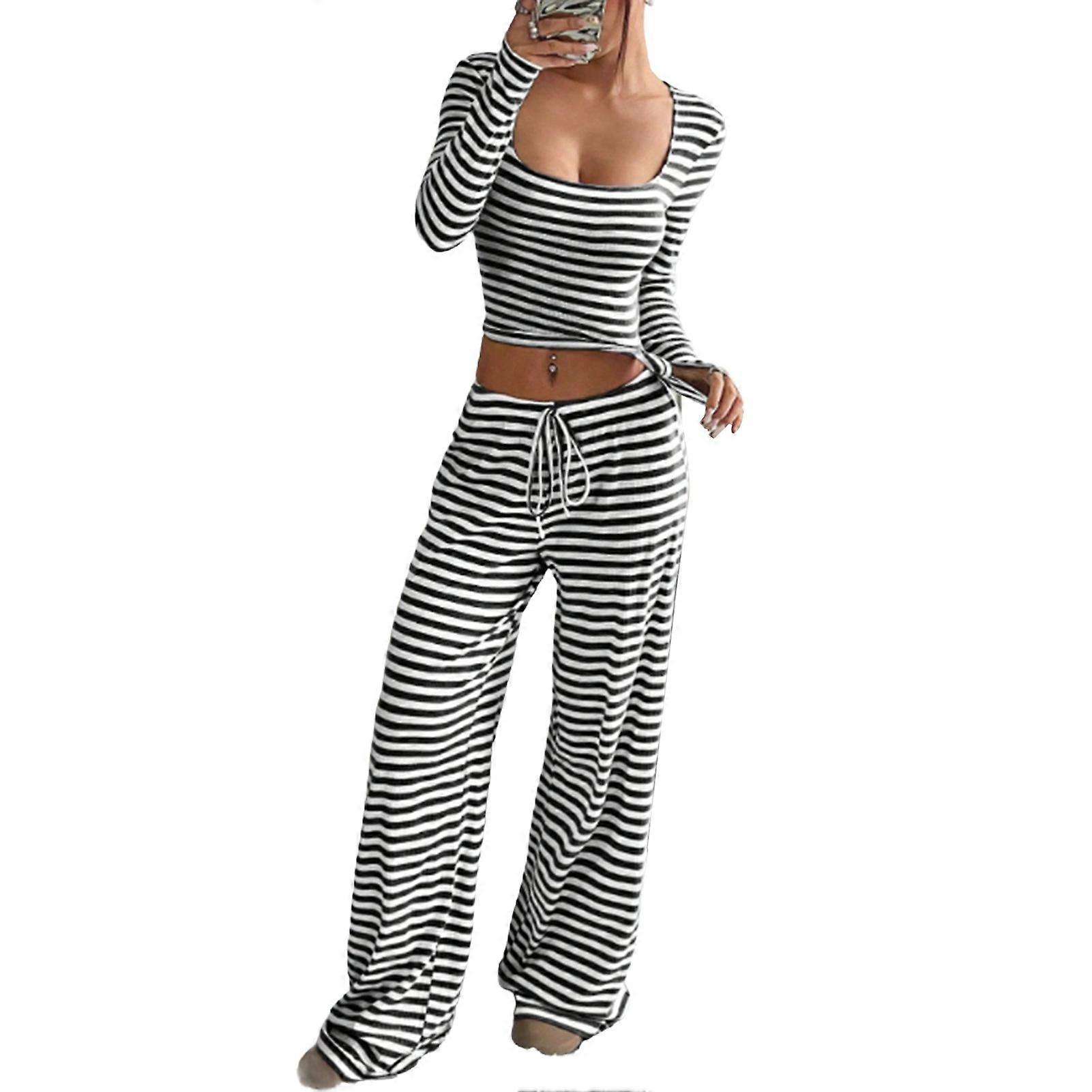 Women's Striped 2 Piece Outfits Long Sleeve Square Neck Cropped Top Drawstring Wide Leg Pants Set Casual Lounge Sweatsuits