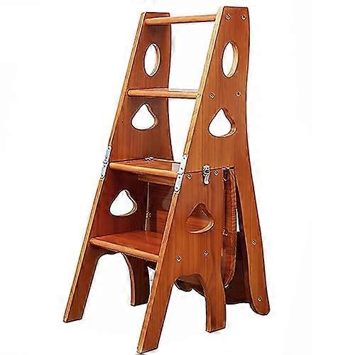 Folding Wooden Library Ladder Chair 3In1 Step Stool Display Shelf For Home Library Foldable 331 Lbs Light Walnut