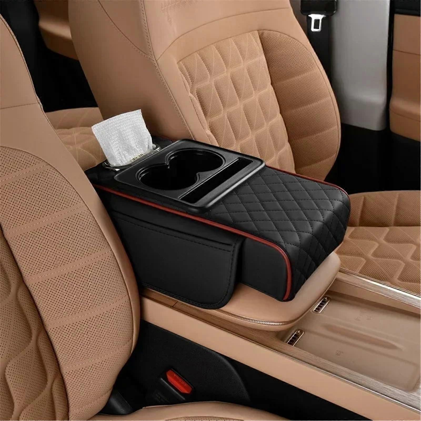 Car Armrest Box 7.5cm Thick Memory Foam Cushion with Pocket Tissue Cup Holder and Elbow Support in Black Red