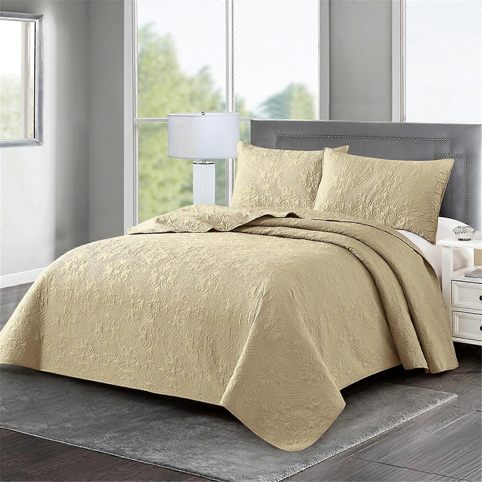 Reversible Quilted Bedspread Set with Pillow Shams, Lightweight Embossed Coverlet, Khaki 180x220cm