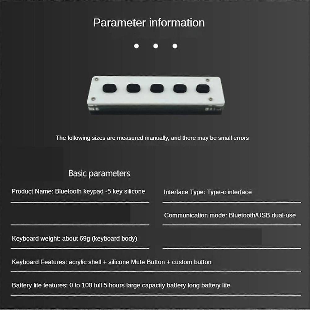 Silent Silicone Bluetooth Custom Programming Macro Keyboard 5-Keys Macropad Copy Paste USB Keypad, Bluetooth+Wireless