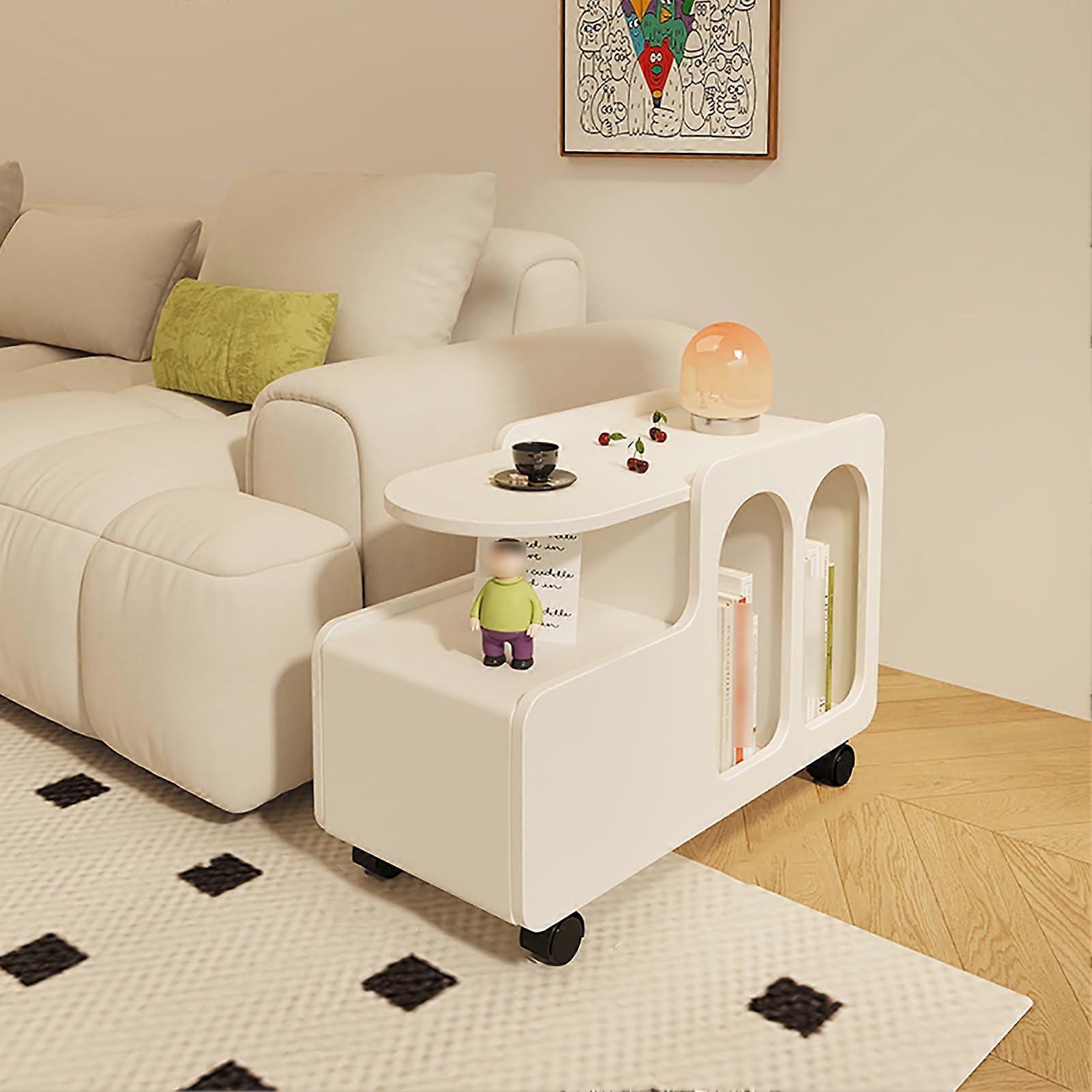 Rolling Sofa Side Table with Drawer and Shelf, Mobile Bedside End Table for Living Room, Set of 2