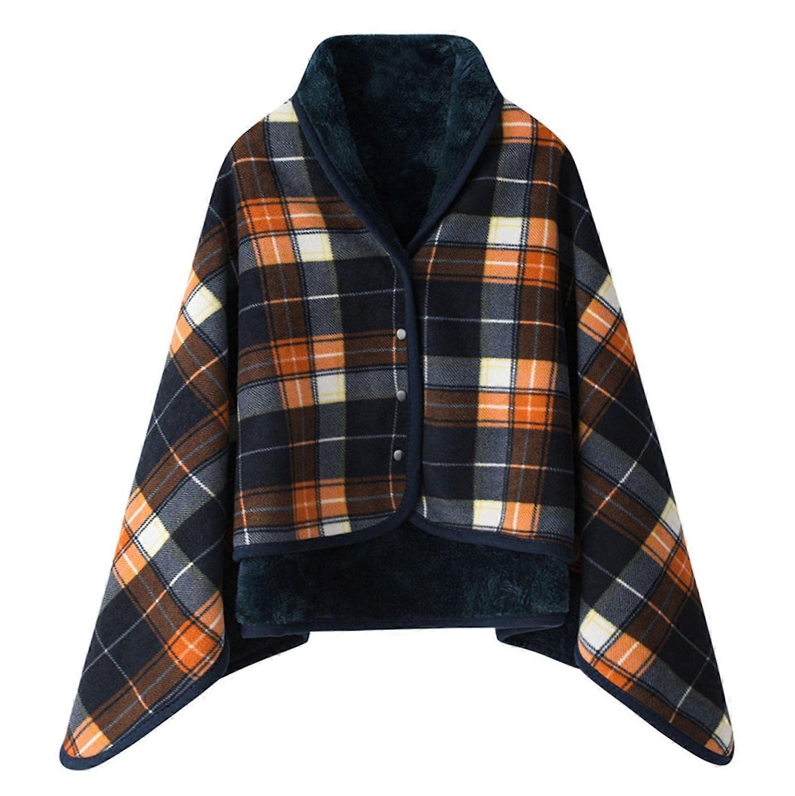 Wearable Blanket with Buttons, Fleece Poncho Throw for Sofa and Bed, Yellow Plaid Large