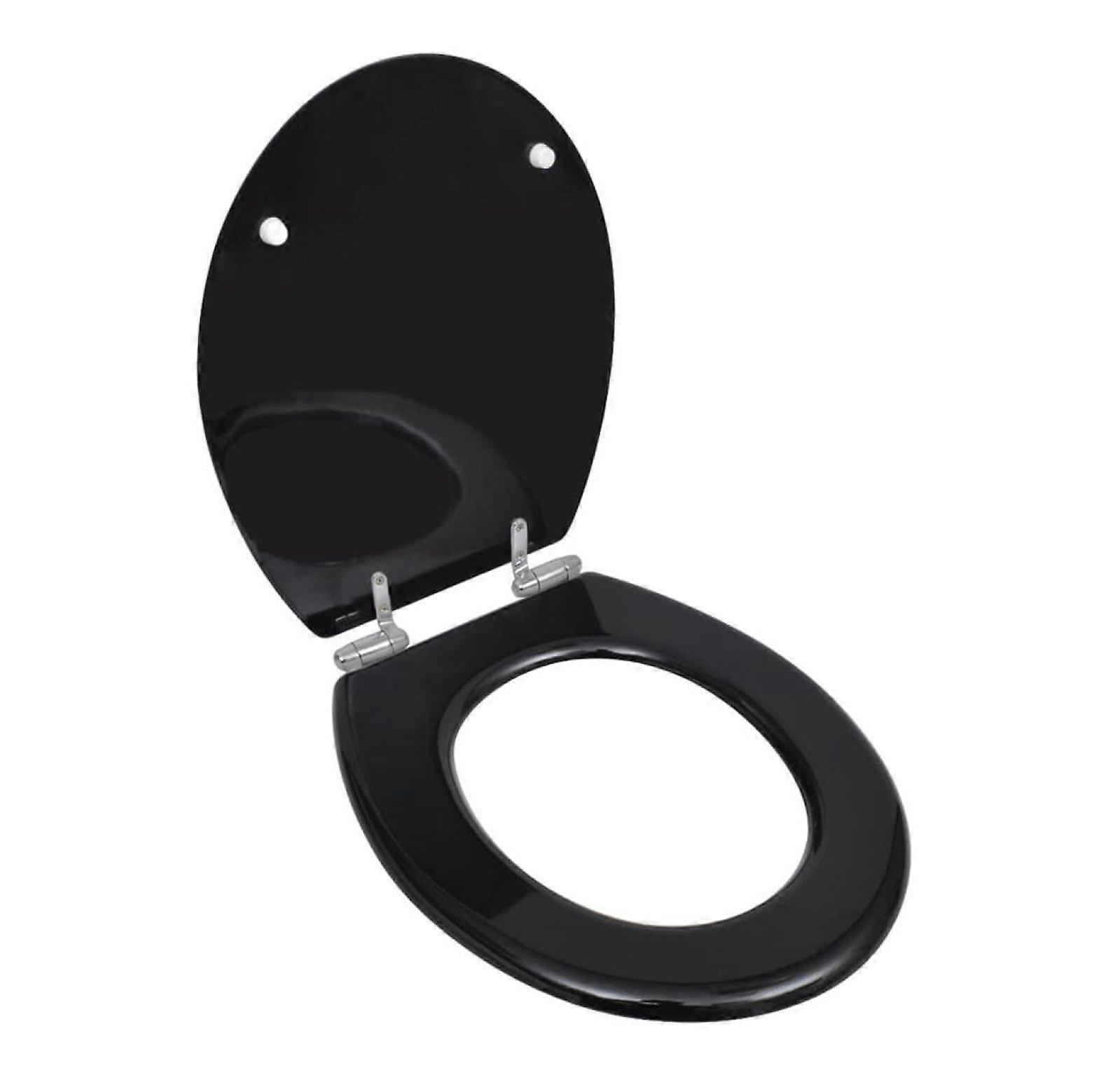 Soft Close Black MDF Toilet Seat Universal Fit with Chrome Hinges Durable Easy Install 17.7x14.2