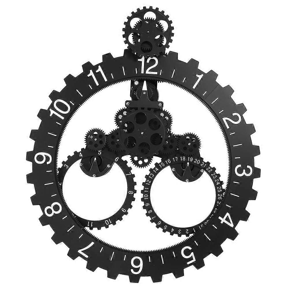 3D Rotating Gear Wall Clock with Calendar, Silent Industrial Modern Design, Large Black Timepiece