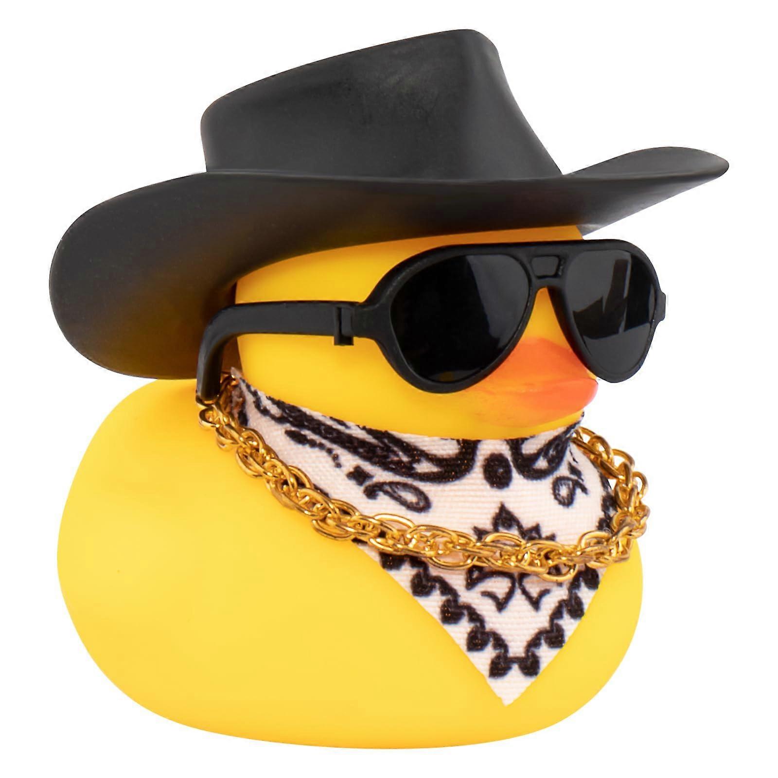 Funny Car Dashboard Duck with Hat and Sunglasses, Cute Rubber Ornament with Squeaker Sound