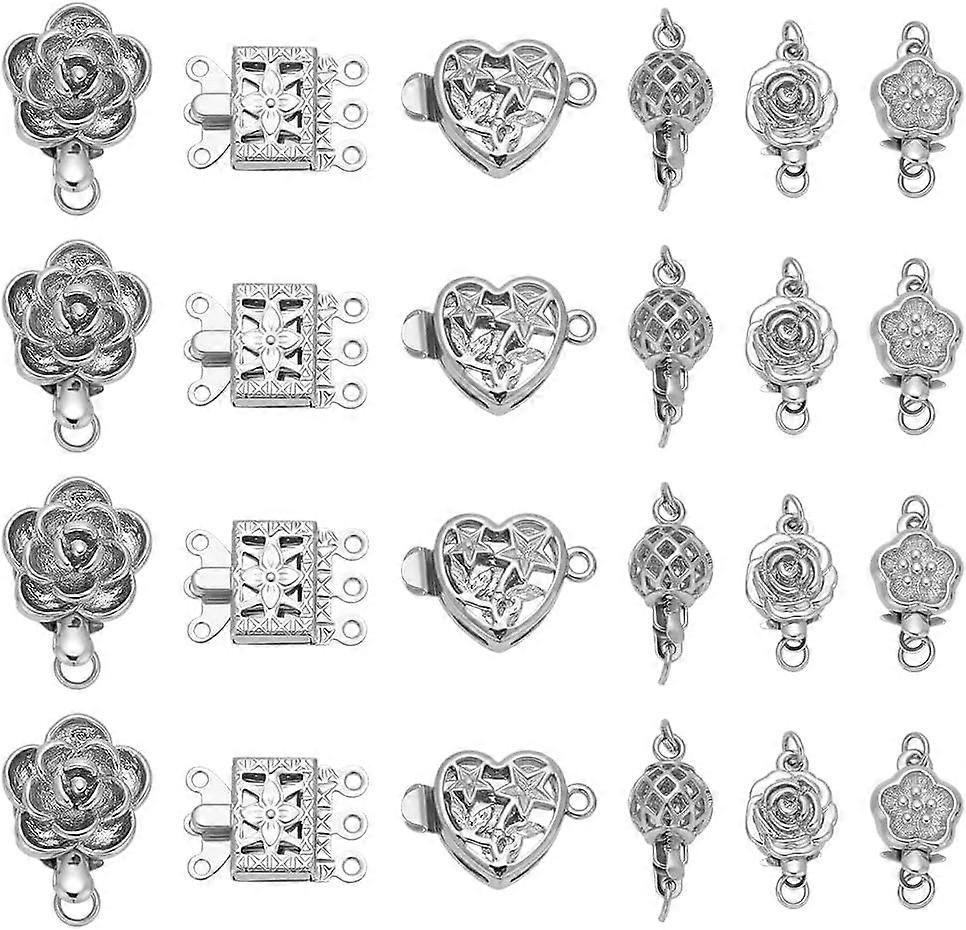24 Sets Flower Box Clasp 6 Style Filigree Heart Rectangle Round Brass Connector Necklace Layered Clasp Single Multi Strand Jewelry Findings for DIY Cr