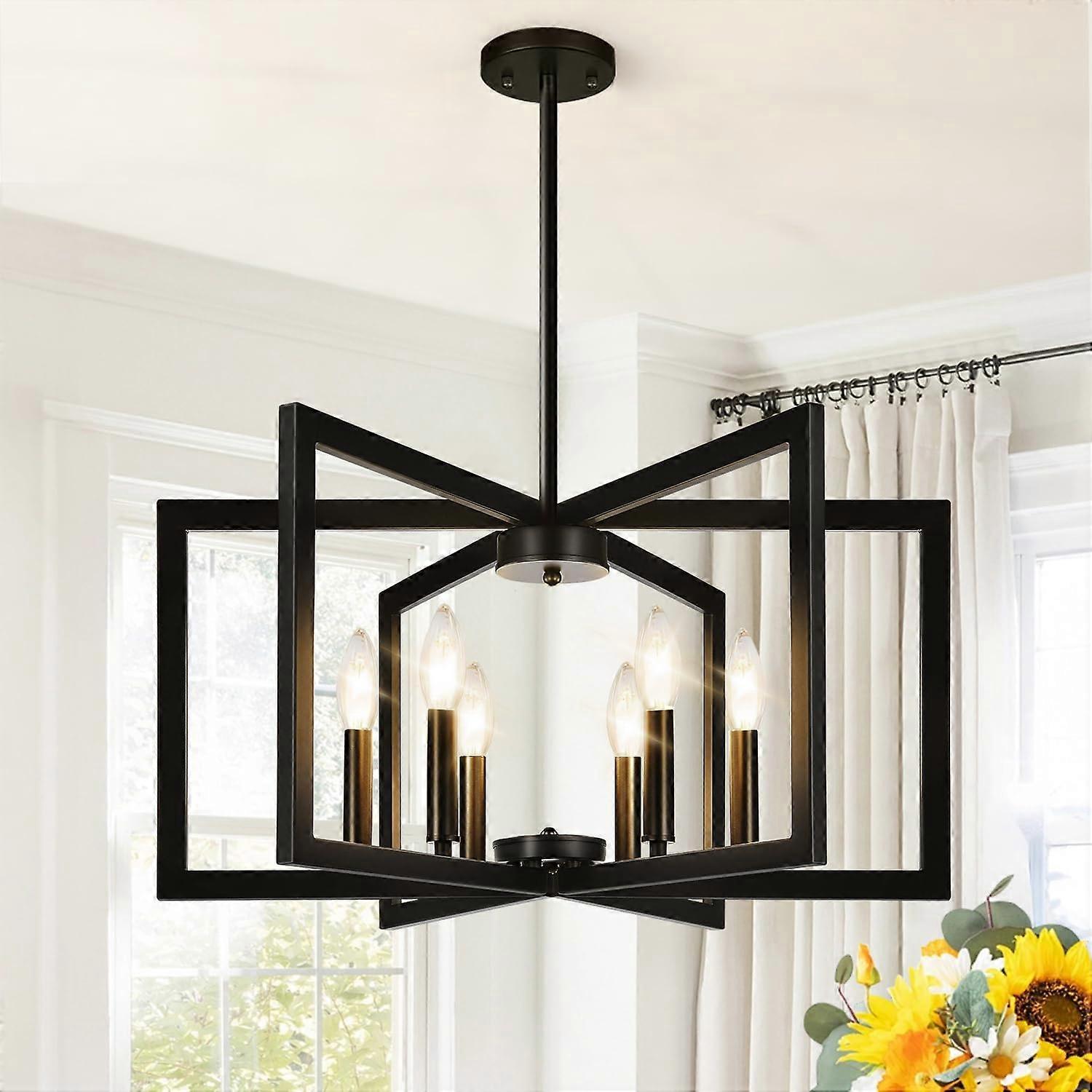 Modern Black Chandelier 6Light Matte Finish, No Assembly Dining Room Light Fixture Adjustable Height