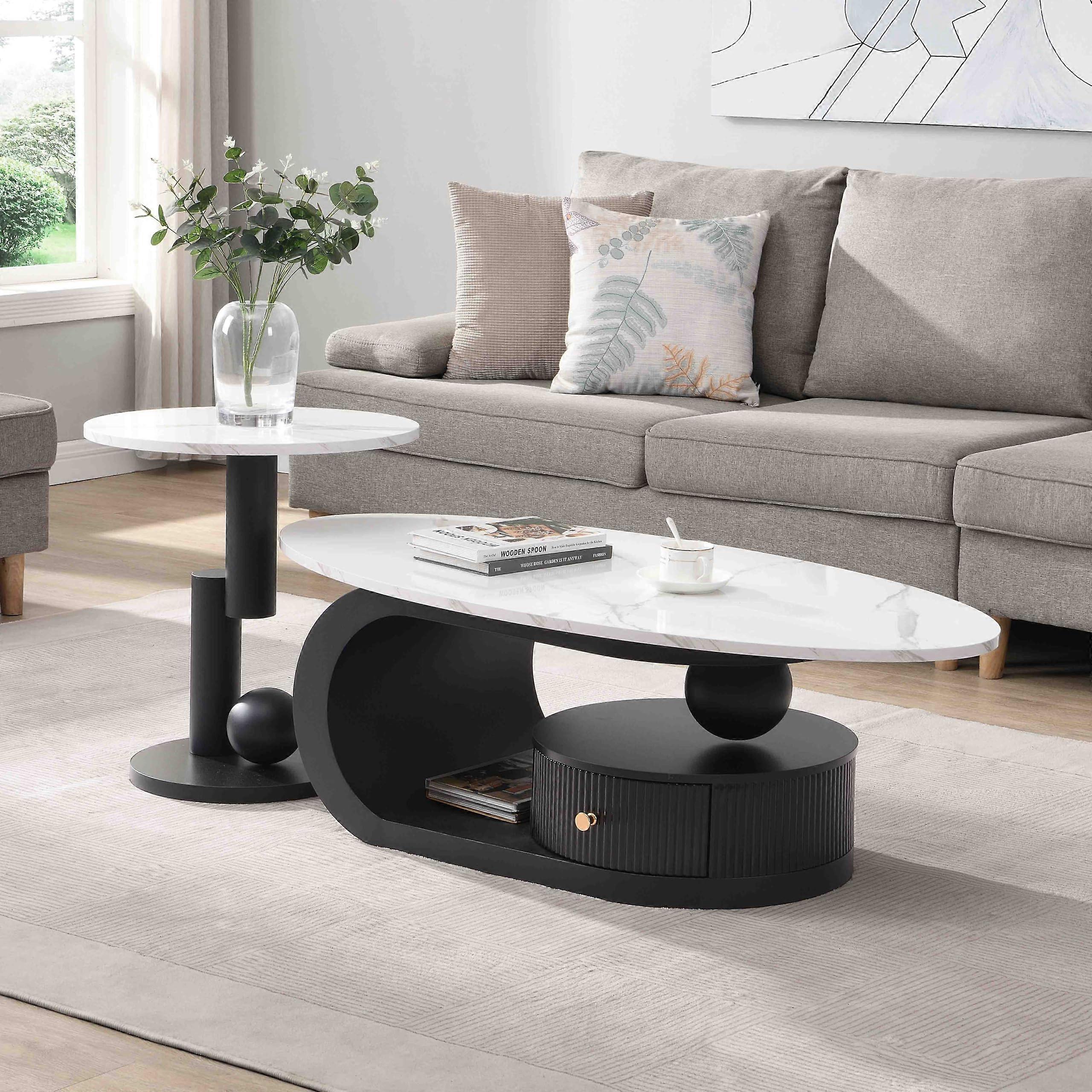 Faux Marble Coffee Table Set of 2 with Drawer, Modern Oval and Round Nesting Tables for Living Room
