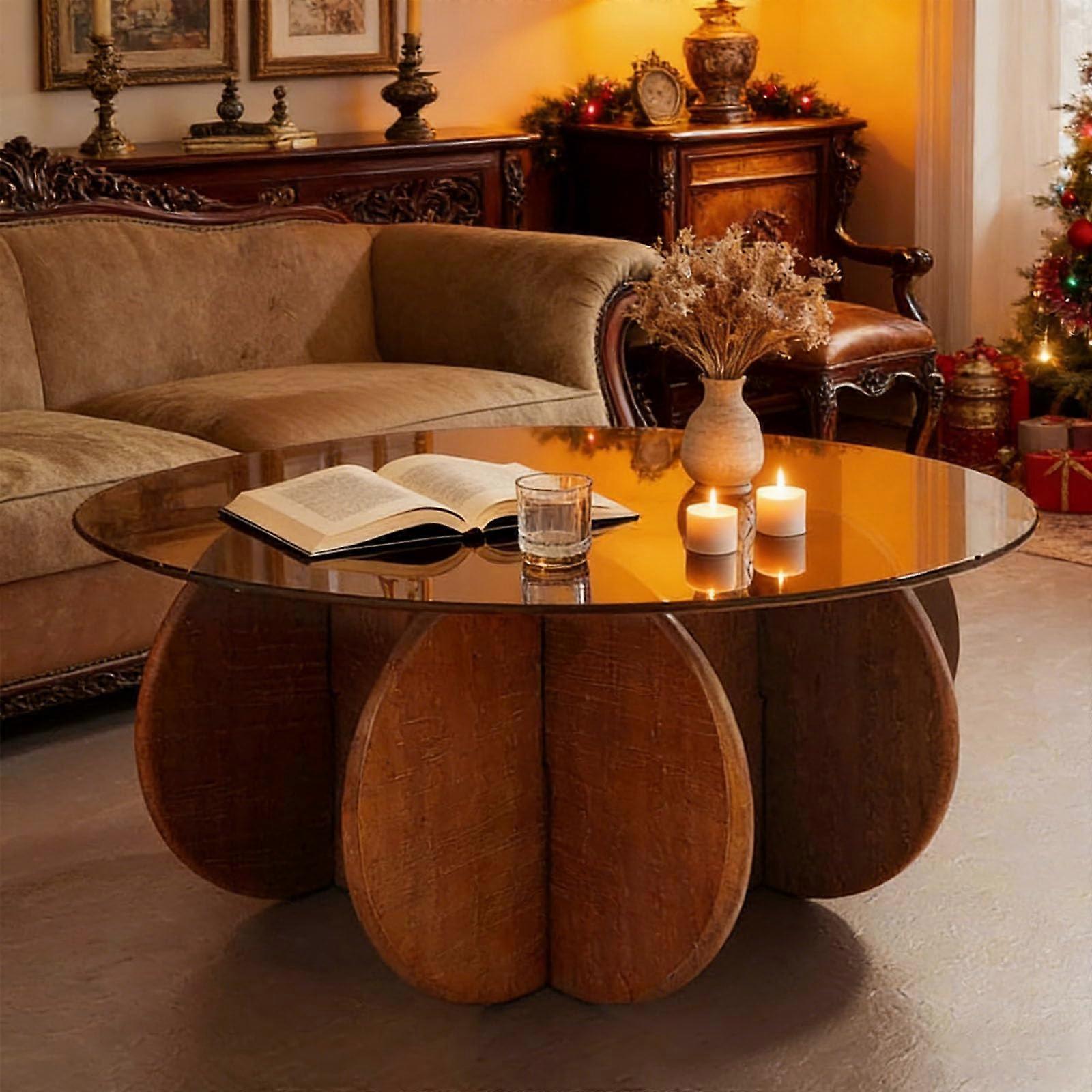 Modern Round Glass Coffee Table with Wooden Legs and Tempered  for Living Room Small Spaces Walnut