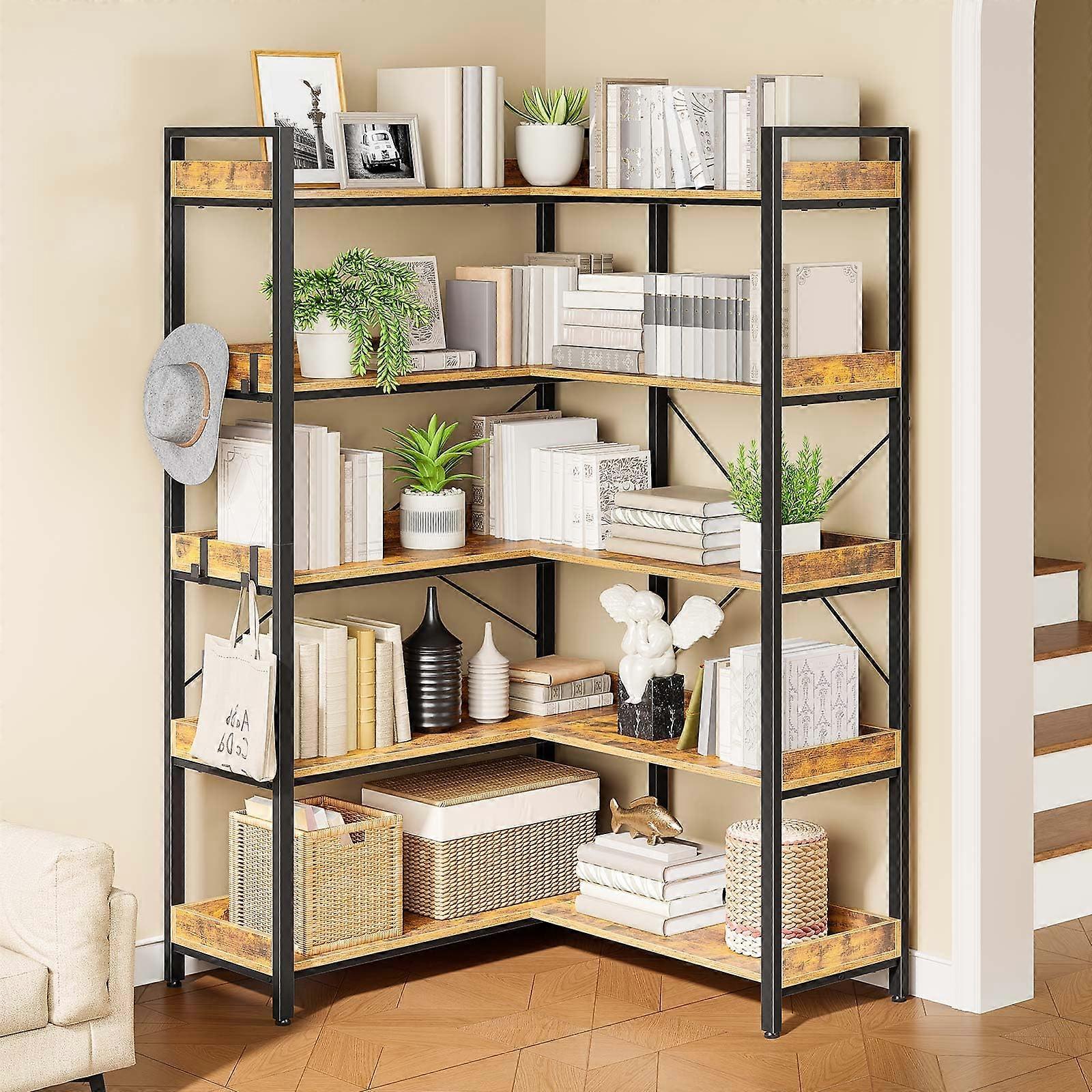 Corner Bookshelf 5 Tier Space Saving Design with Hooks for Bedroom and Office Storage