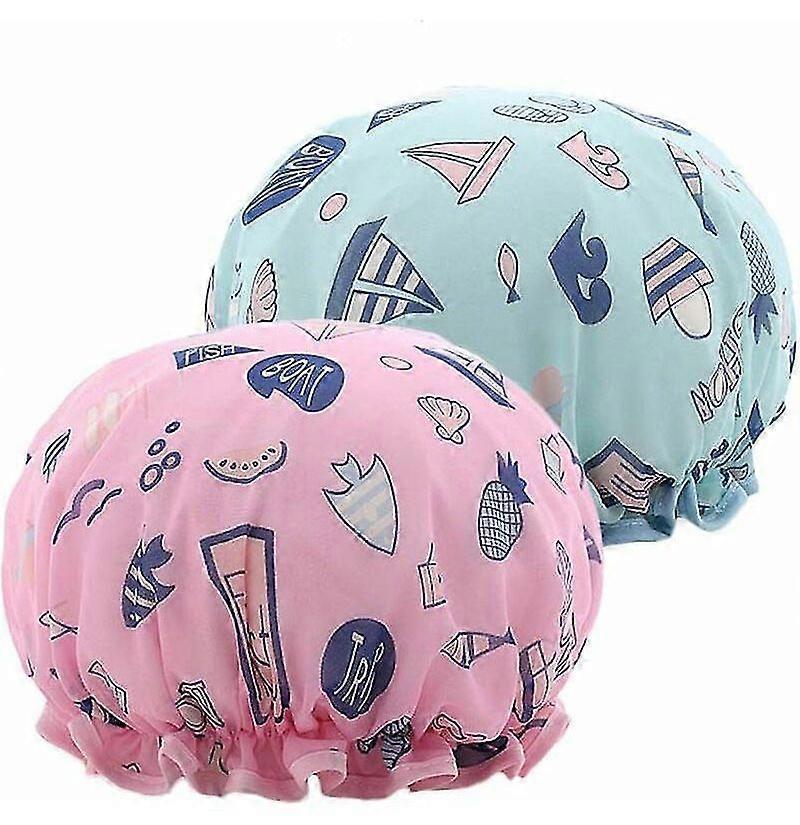 2 Women's Double Layer Waterproof Shower Caps (Fish)