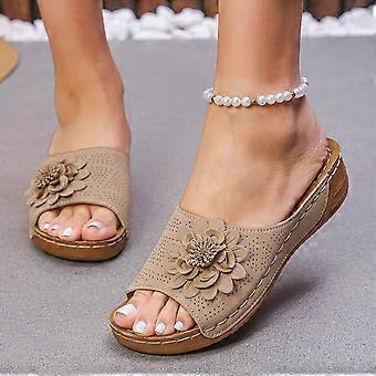 Willtoo comfortabele antislip sleehak sandalen in effen kleur, orthopedische platform leren sleehak sandalen voor dames, lage platform strandschoenen, beige, maat US-8 (EU-40)