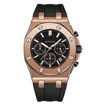 Rose Gold Octagonal Case Chronograph Watch with Black Dial and Silicone Strap