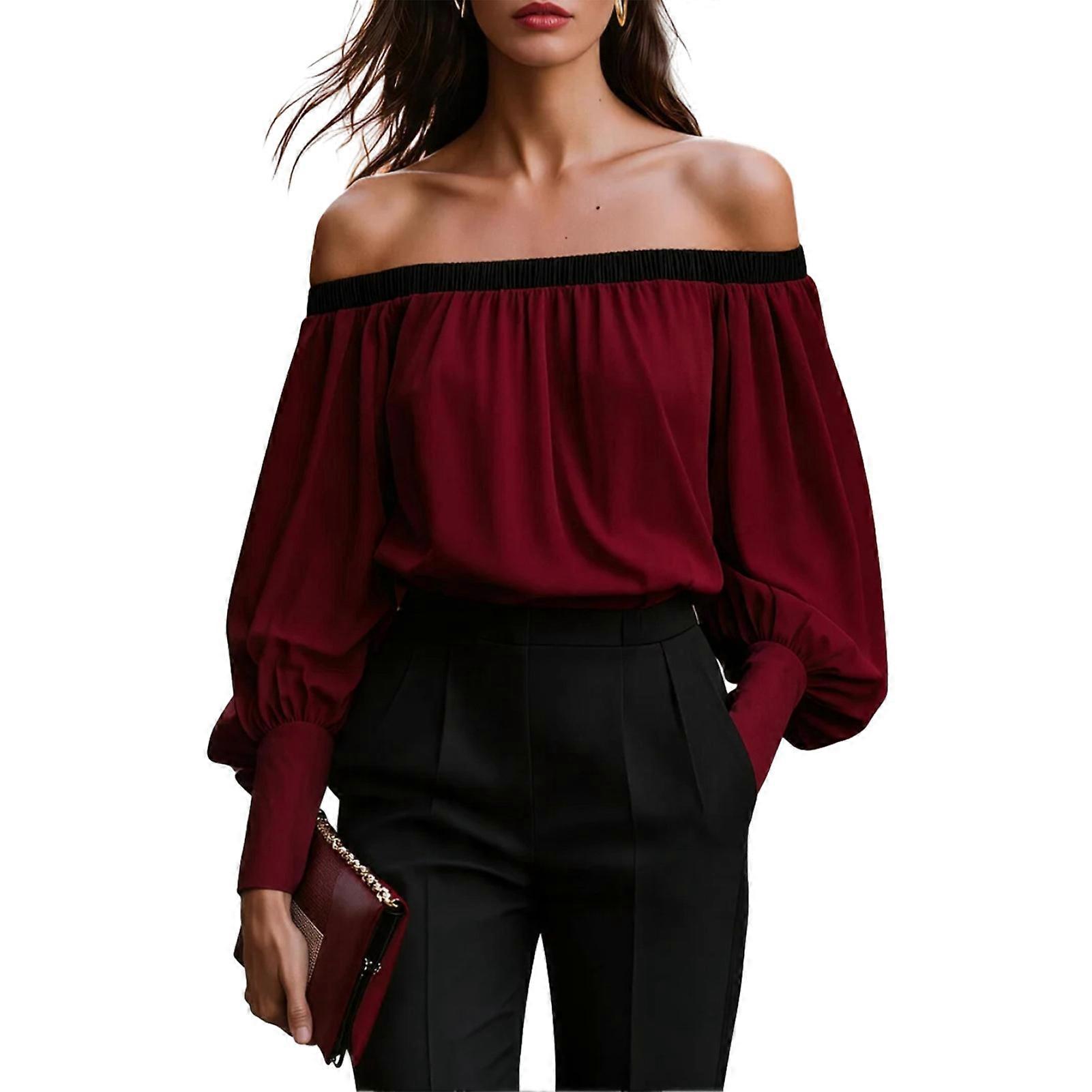 Off Shoulder Long Sleeve Pullover for Women - Lantern Patchwork - for Work Parties Vacations - Loose