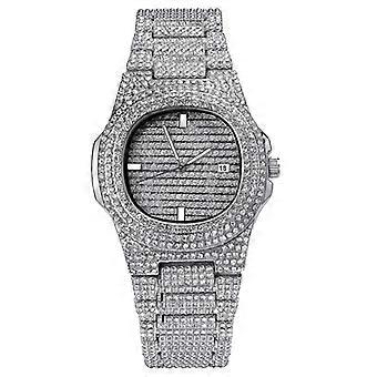 Hip Hop Watch Silver Rhinestone Quartz Watch for Men Wrist Band