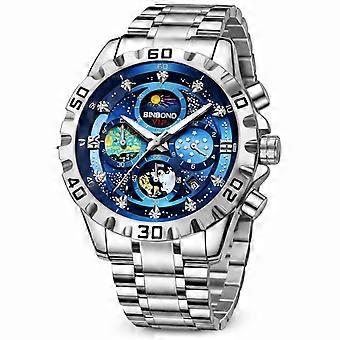 Men's Quartz Watch White Steel Blue Dial Starry Van Gogh Style Fashion Business Waterproof Small Three Hands JY