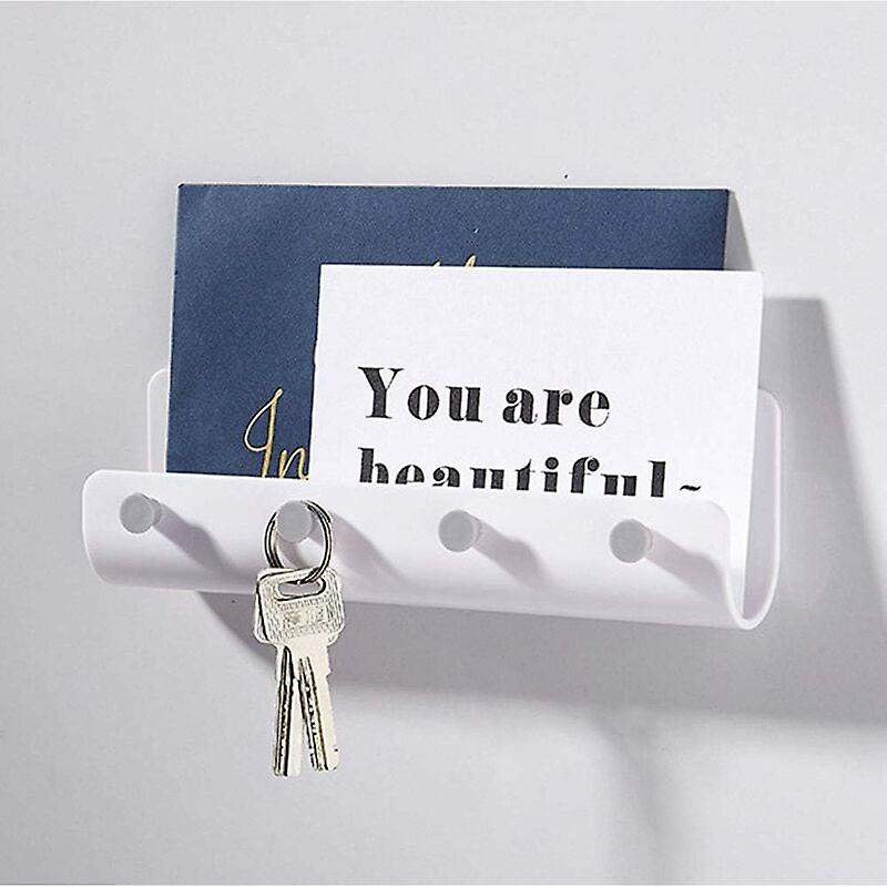 Versatile Mail Wall Rack with 4 Key Hooks, Adhesive Letter Sorter Storage Shelf and Key Hanger for Kitchen, Home, Office Entryway, Porch (White)