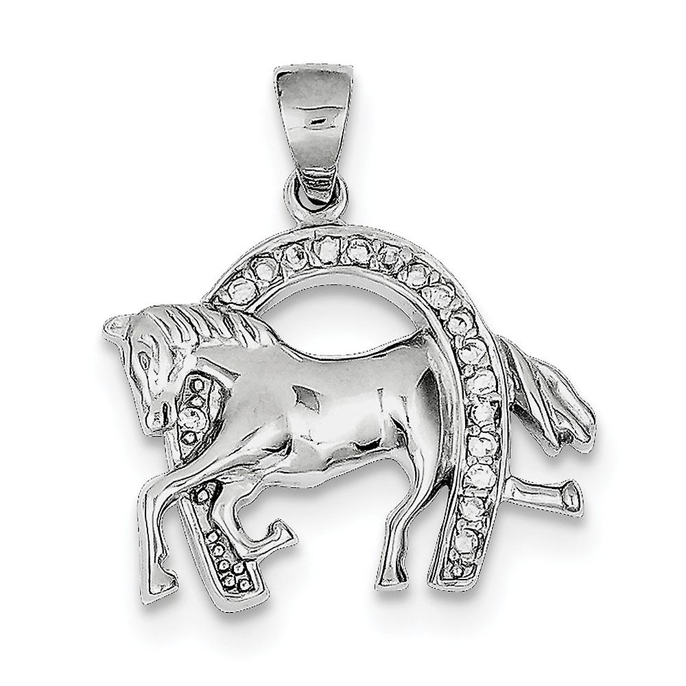 925 Sterling Silver Solid Polished Horse and Horseshoe Cubic Zirconia Pendant Necklace 28x23mm Wide-Pendant for Women