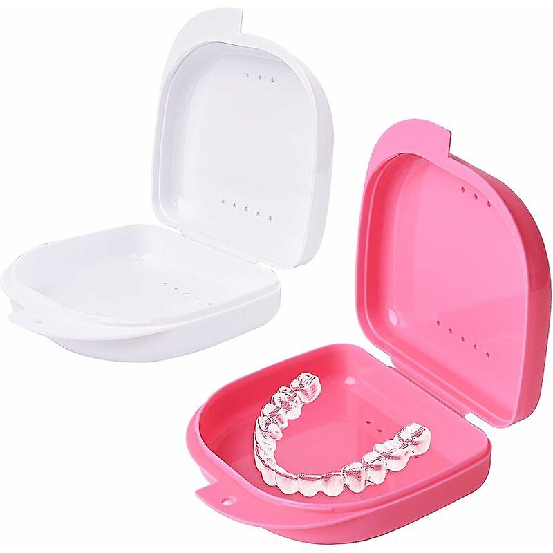 2 Pcs Retainer Box Retainer Container Partial Dentures Box (Pink + White)