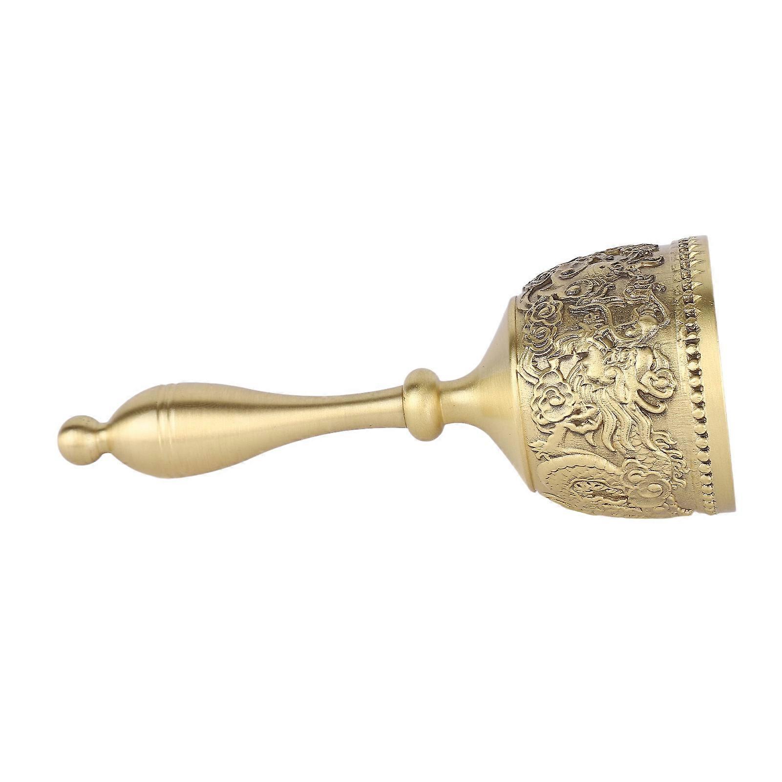 Hand Call Bell 4.7in Long Pure Brass Exquisite Carved Pattern Curved Handle Dinner Bell for Wedding Party Family Bar 