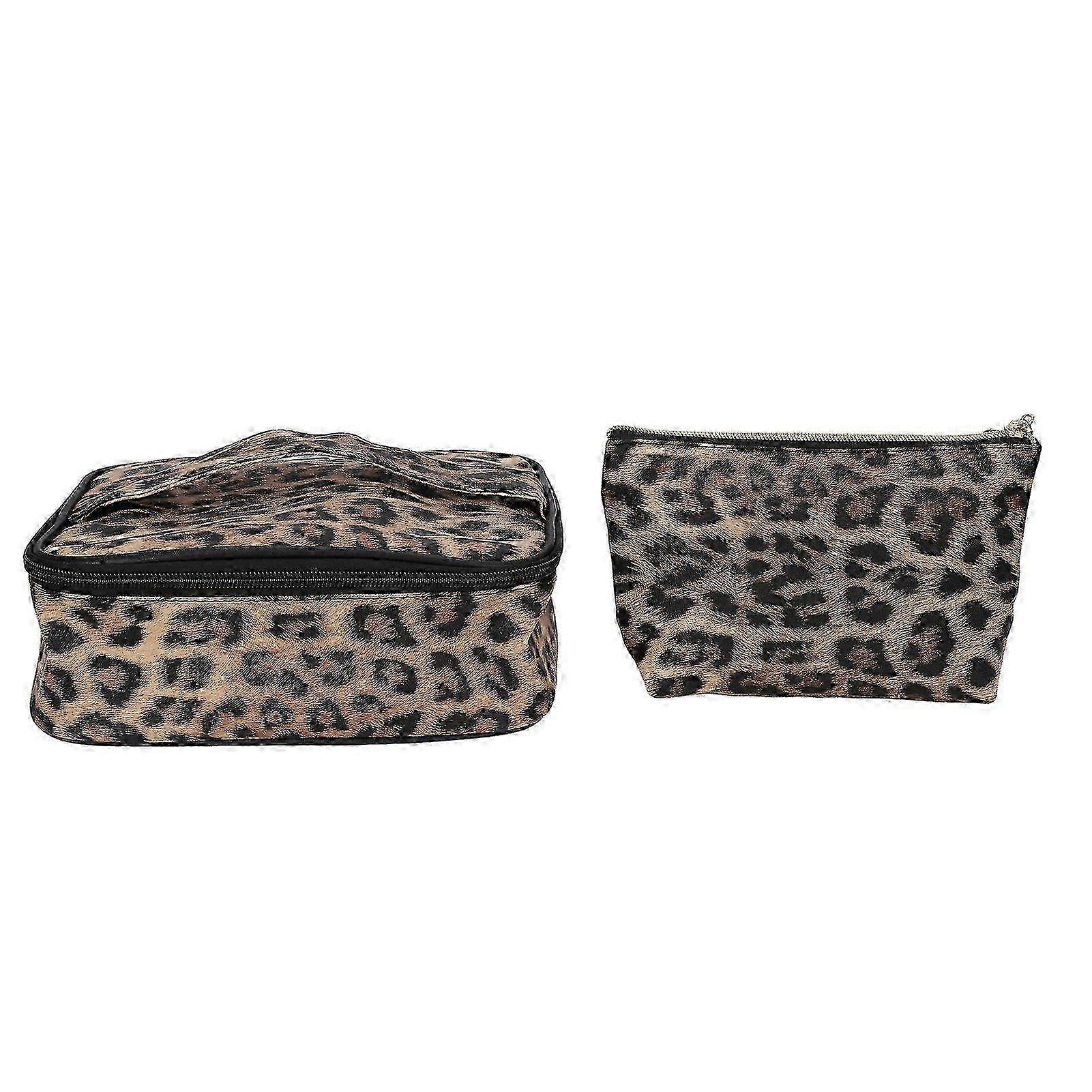 2pcs Leopard Print Makeup Bag Waterproof Multifunction Large Capacity Leopard Cosmetic Bag