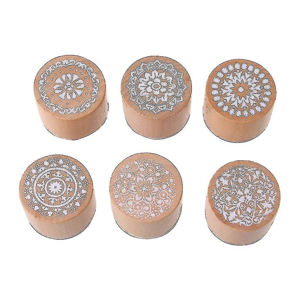6-Piece Vintage Round Wooden Pattern Rubber Stamp Set