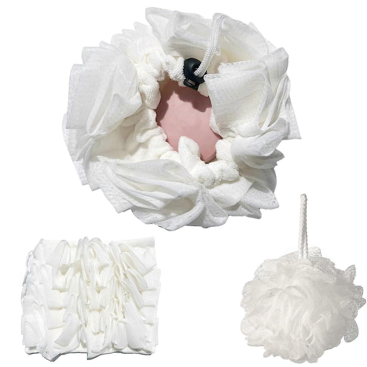 2-in-1 Bath Sponge Shower Mesh Pouf Bath Spong Exfoliating Loofah Sponge Drawstring Wrapped Shower Ball -gsla
