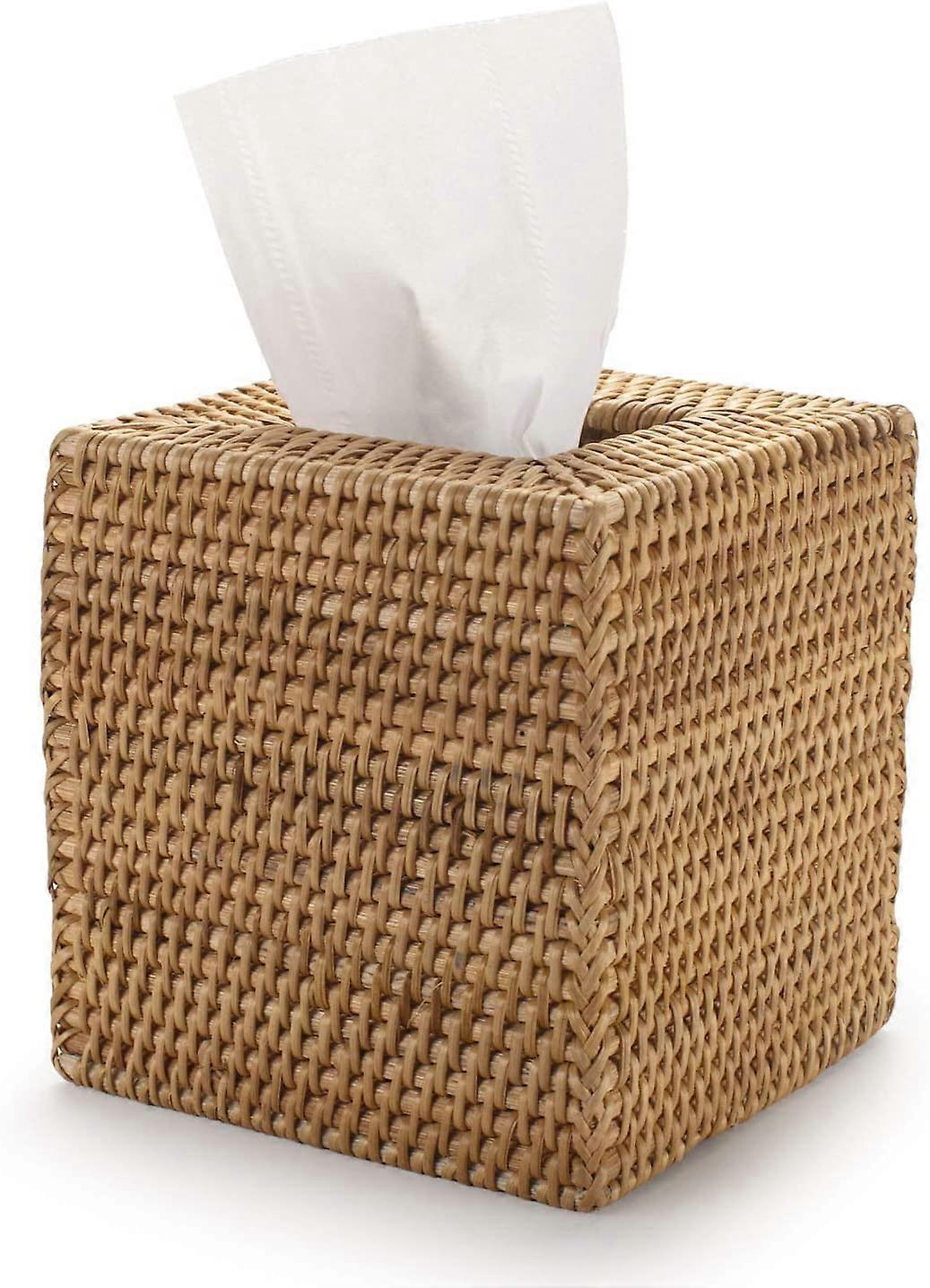 Square Rattan Tissue Box, Wicker Tissue Dispensers for Home Hotel Bath, 14 x 14 x 14 cm