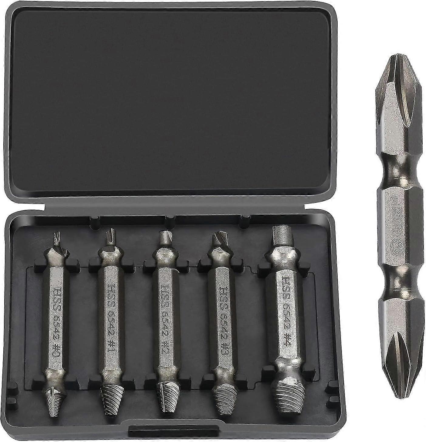 Screw extractor with 6 screw extractors for removing damaged worn screws in a practical plastic case, made of high-speed steel